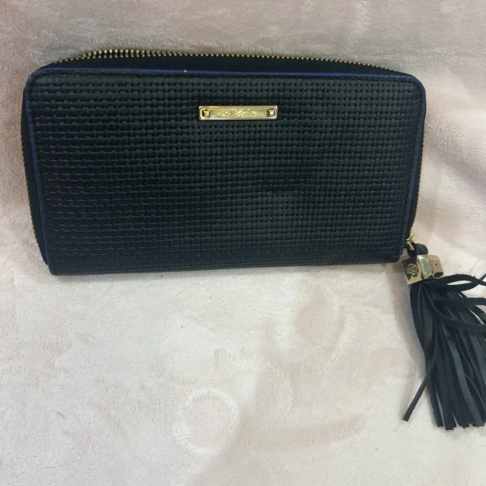 Stella &‎ Dot Black Leather Zip Around Organizational Clutch Wallet Tassel
